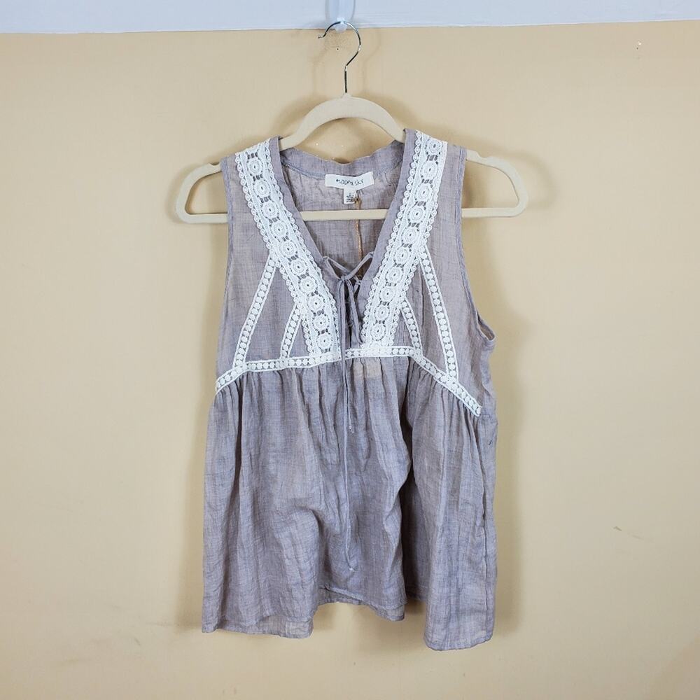Moon & Sky Gray Sleeveless Peasant Gauze Blouse Crochet Size S